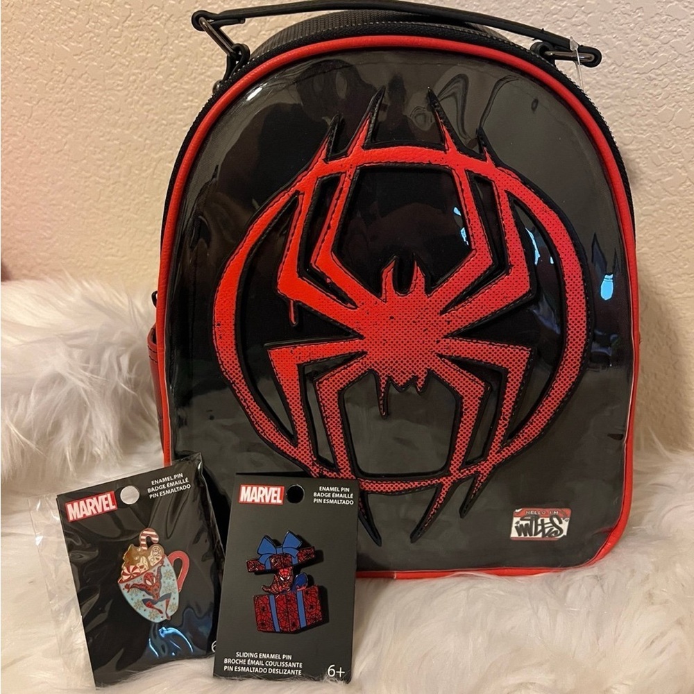 Marvel Spider-Man Miles Morales Logo Mini Backpack & Loungefly Spider-Man Pins - Picture 2 of 11